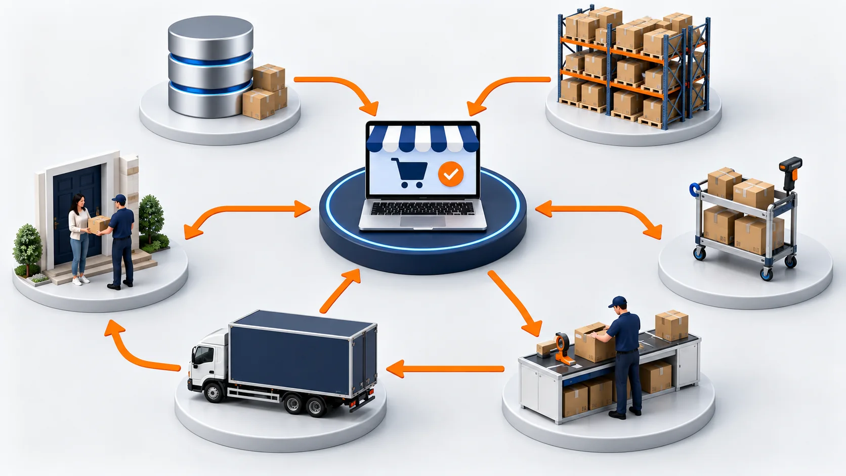 Connected ecommerce fulfillment system linking inventory, warehousing, packing, and delivery
