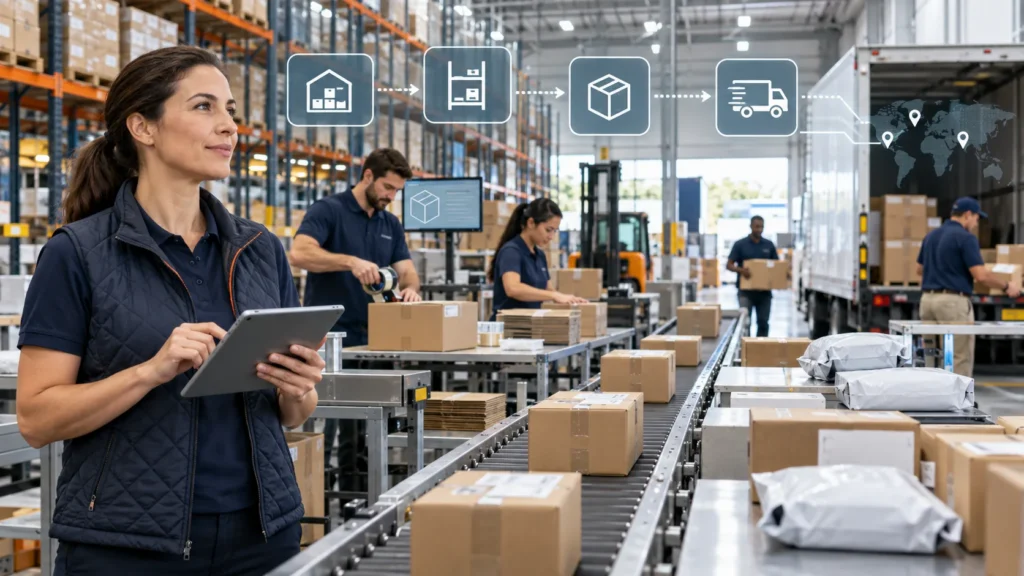 Scalable ecommerce order fulfillment system inside a modern warehouse