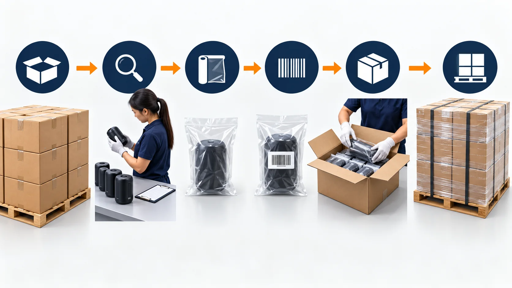 FBA prep workflow from inbound inspection through packaging, labeling, and palletized shipping