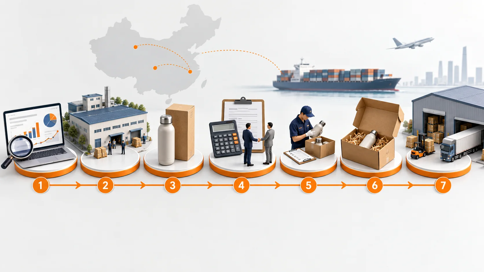 Seven-step private label product launch process from research and factory selection to fulfillment