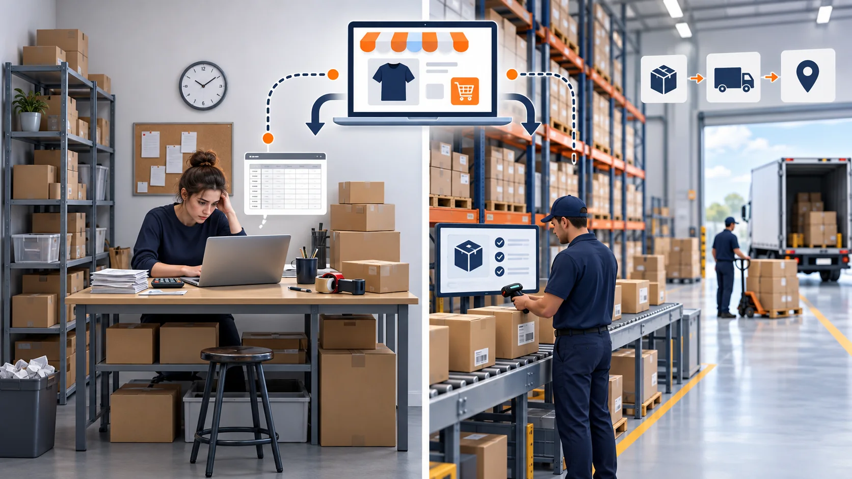 In-House Warehouse vs 3PL Fulfillment In-house ecommerce warehouse compared with an integrated 3PL fulfillment operation