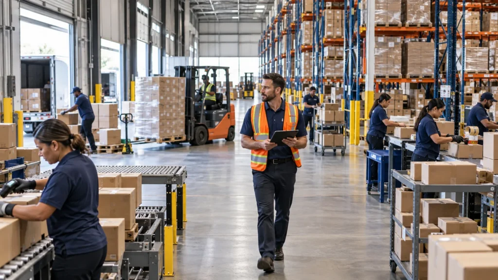Inside a third-party logistics warehouse with receiving, storage, picking, and packing operations
